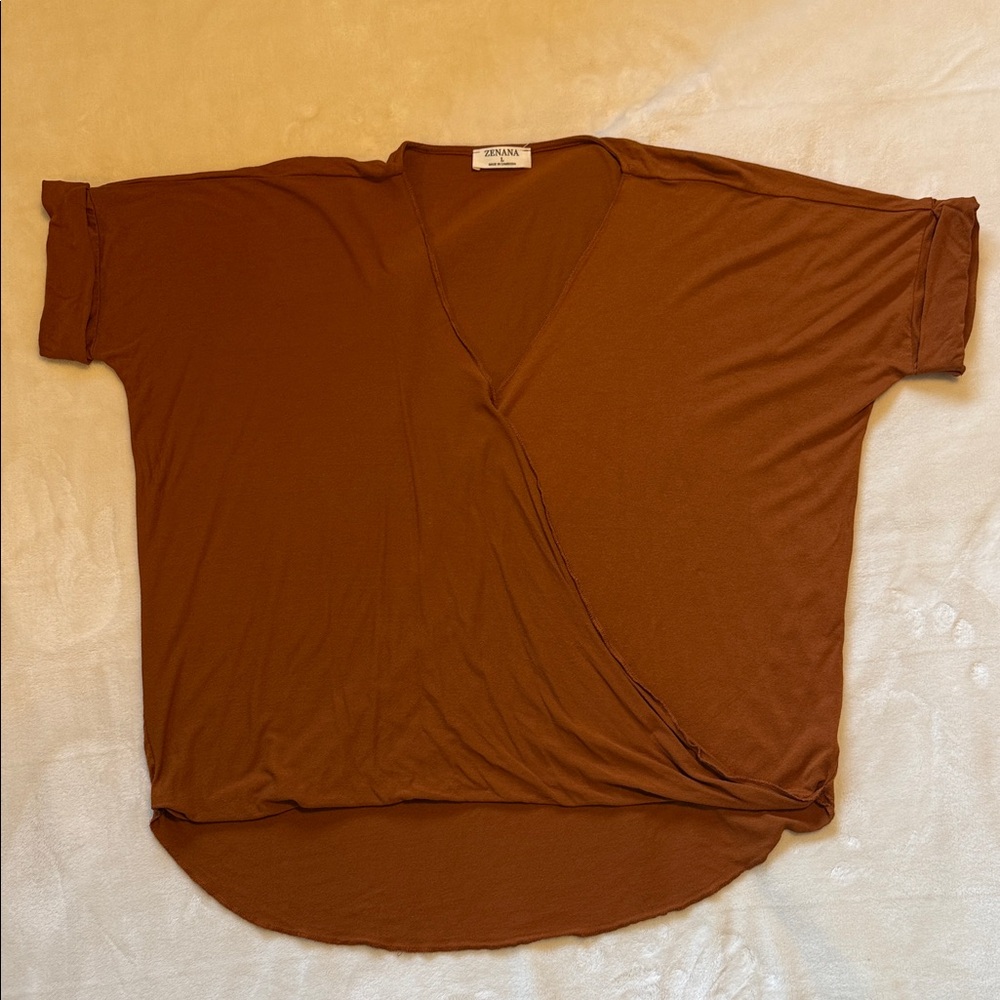 Zenana Cinnamon Short Sleeve Wrap Top
